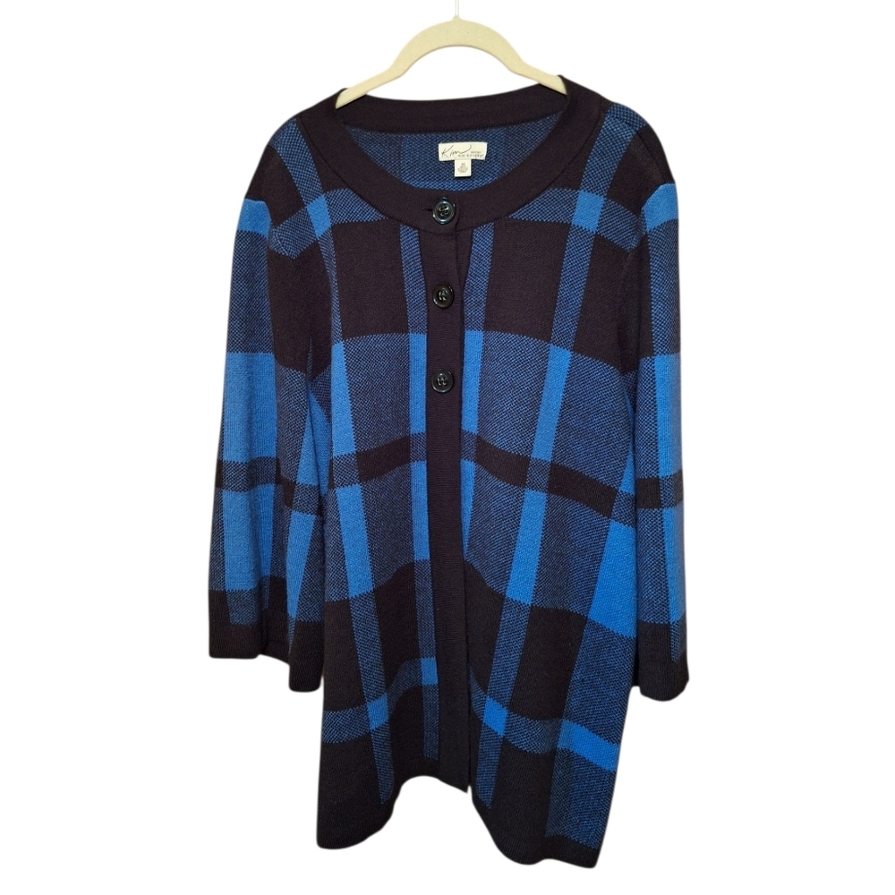 Kim Rogers Blue & Black Plaid Cardigan Sweater Ladies Plus Size 1X Career Bold